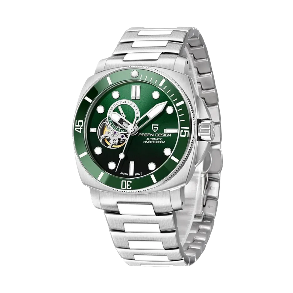PAGANI DESIGN PD-1736 diver skeleton watch with green dial, angled side view
