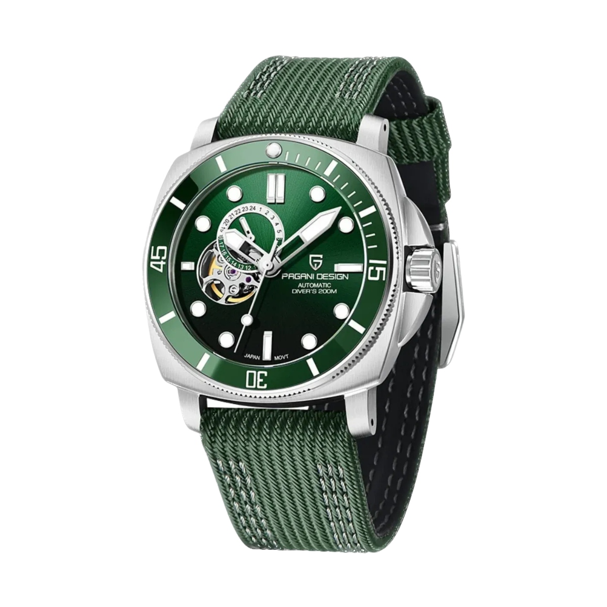PAGANI DESIGN PD-1736 diver skeleton watch with green dial and green strap, side view