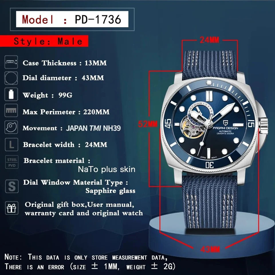 PAGANI DESIGN PD-1736 diver skeleton watch specifications with 43mm case and NH39 movement