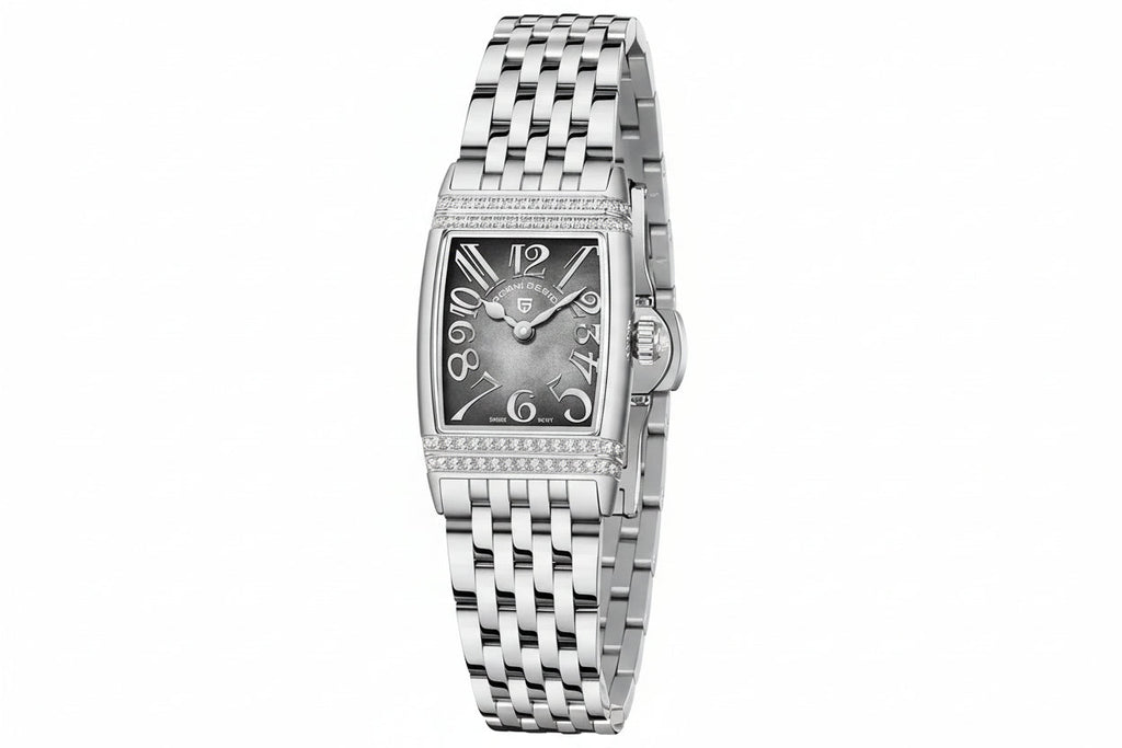Pagani Design PD-1737 silver-grey dial rectangular women's watch with crystal-set steel case