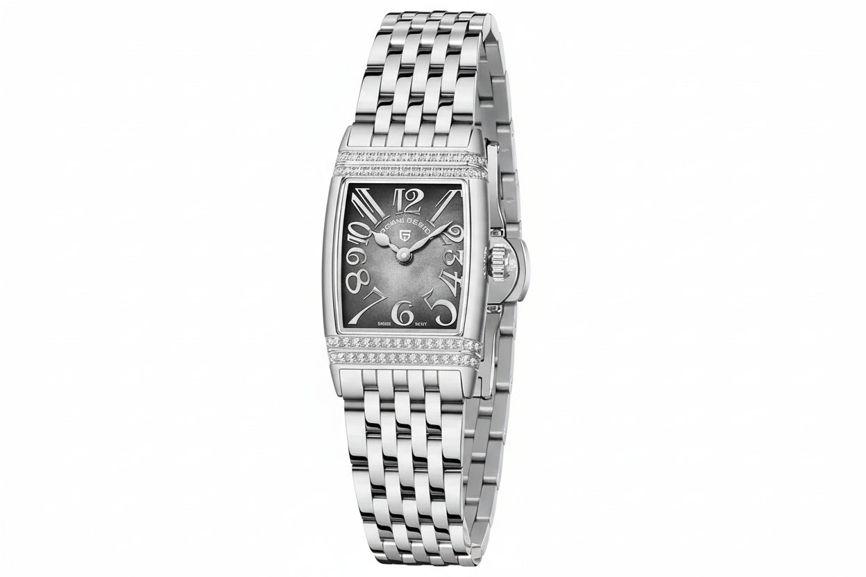 Pagani Design PD-1737 silver-grey dial rectangular women's watch with crystal-set steel case