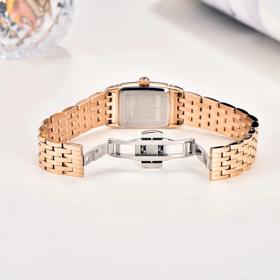 PAGANI DESIGN PD-1737 women's square watch caseback with rose gold bracelet butterfly clasp