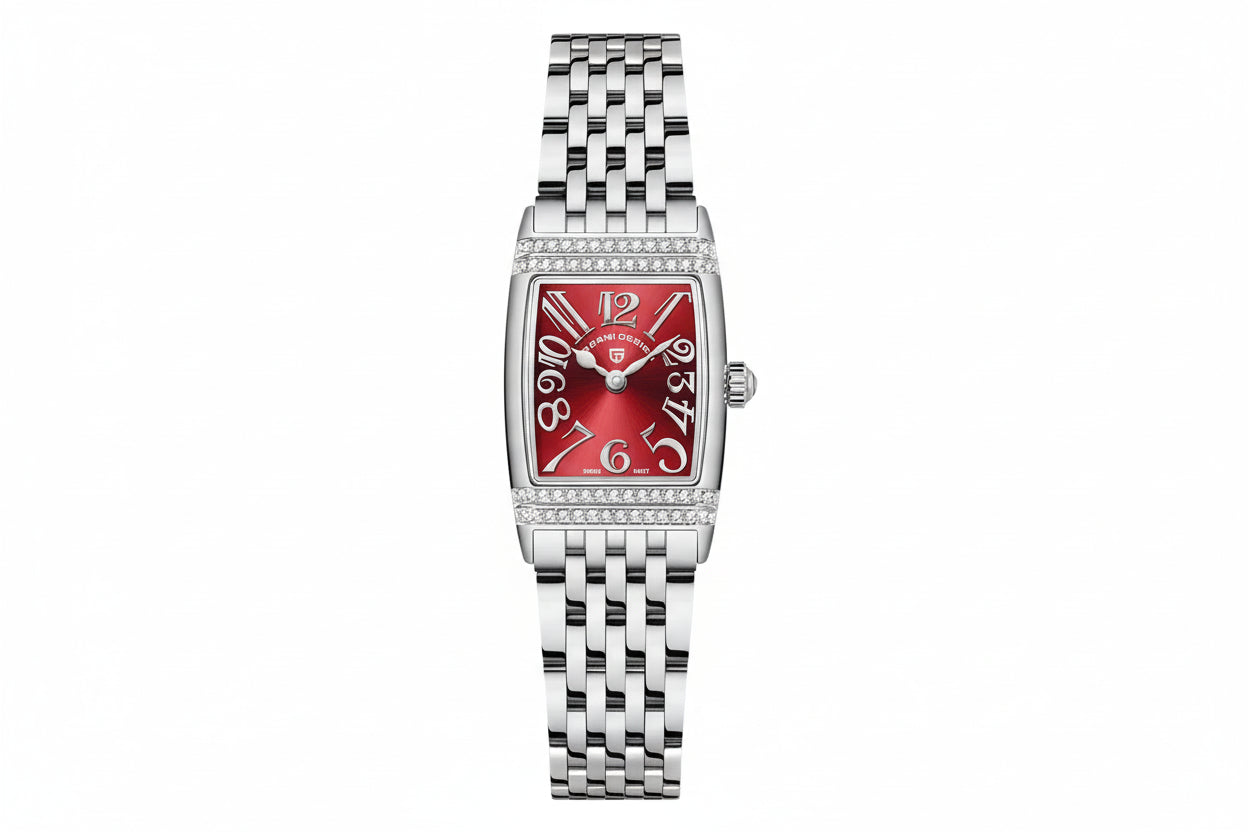 PAGANI DESIGN PD-1737 women's square watch with red dial and crystal-set bezel, front view