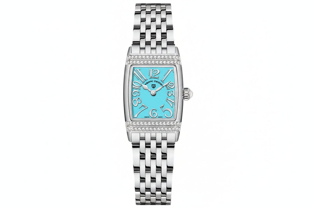 PAGANI DESIGN PD-1737 women's square watch with turquoise dial and rose gold bracelet, front