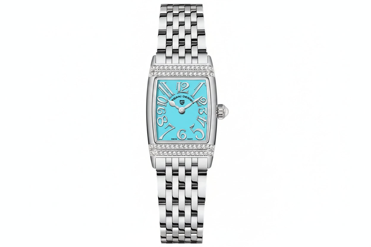 PAGANI DESIGN PD-1737 women's square watch with turquoise dial and rose gold bracelet, front