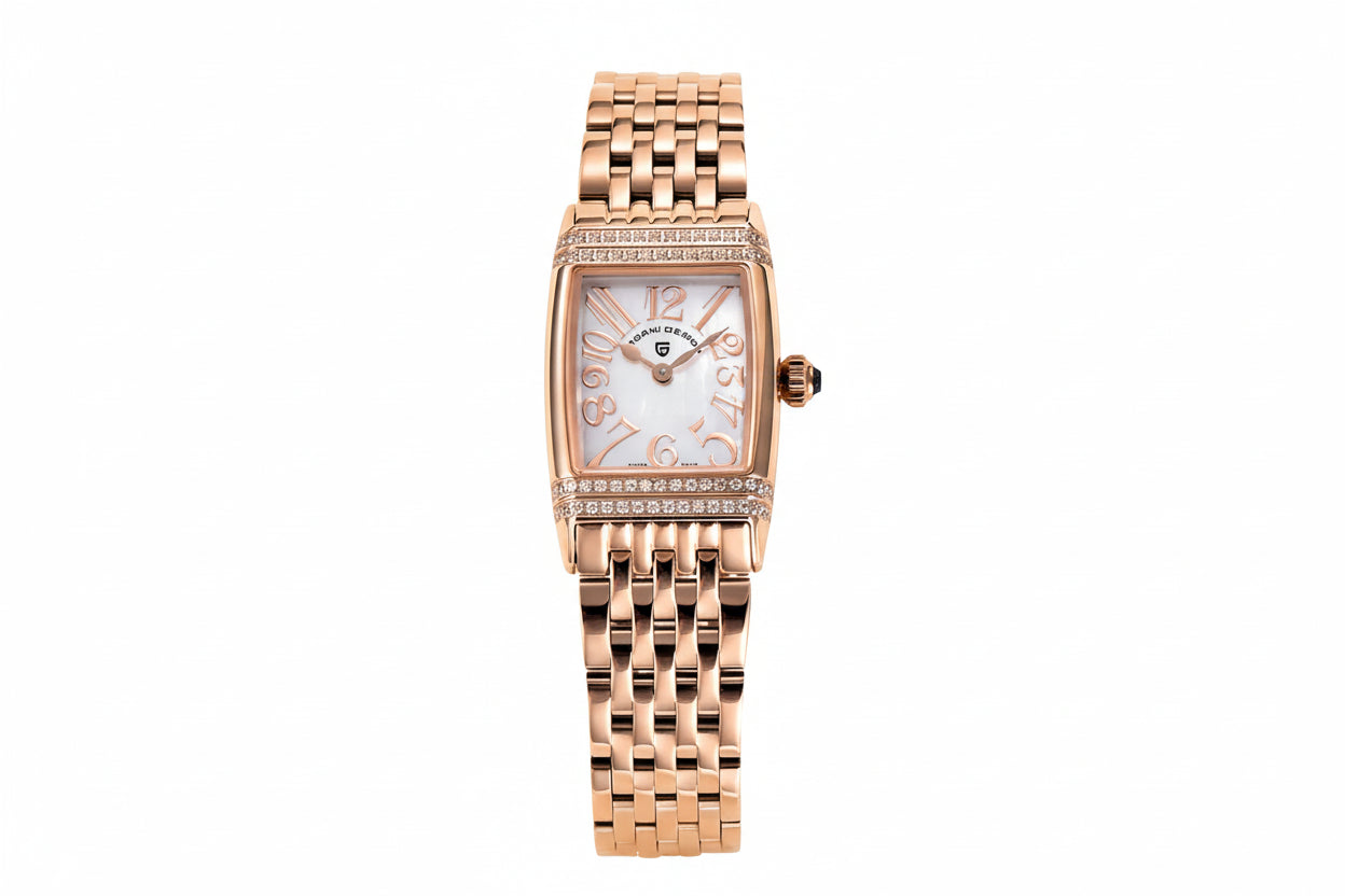 PAGANI DESIGN PD-1737 women's square watch with white mother-of-pearl dial and rose gold bracelet