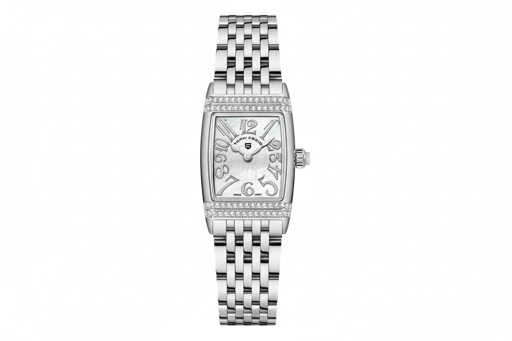 PAGANI DESIGN PD-1737 women's square watch with mother-of-pearl dial and silver bracelet