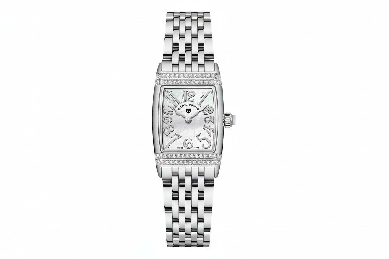 PAGANI DESIGN PD-1737 women's square watch with mother-of-pearl dial and silver bracelet