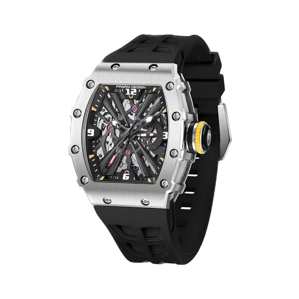 PAGANI DESIGN PD-1738 MILLE men's watch with silver case and black rubber strap, side view