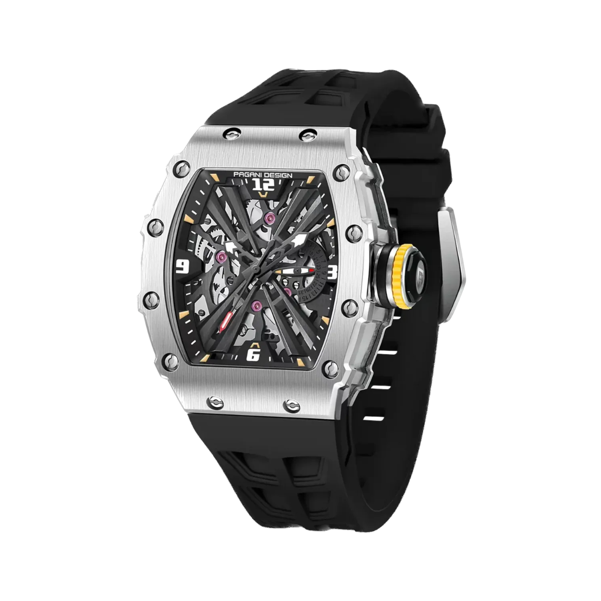 PAGANI DESIGN PD-1738 MILLE men's watch with silver case and black rubber strap, side view