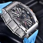 PAGANI DESIGN PD-1738 MILLE men's watch dial detail with silver case and blue rubber strap