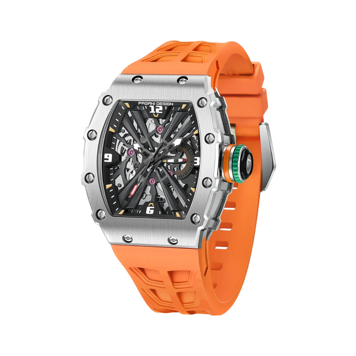 PAGANI DESIGN PD-1738 MILLE men's watch with silver case and orange rubber strap, front view