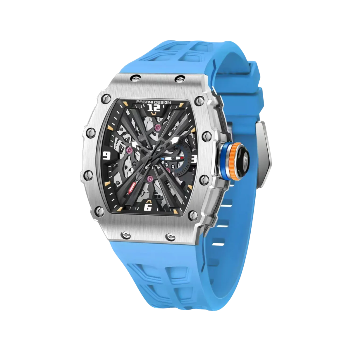 PAGANI DESIGN PD-1738 MILLE men's watch with silver case and sky blue rubber strap, side angle