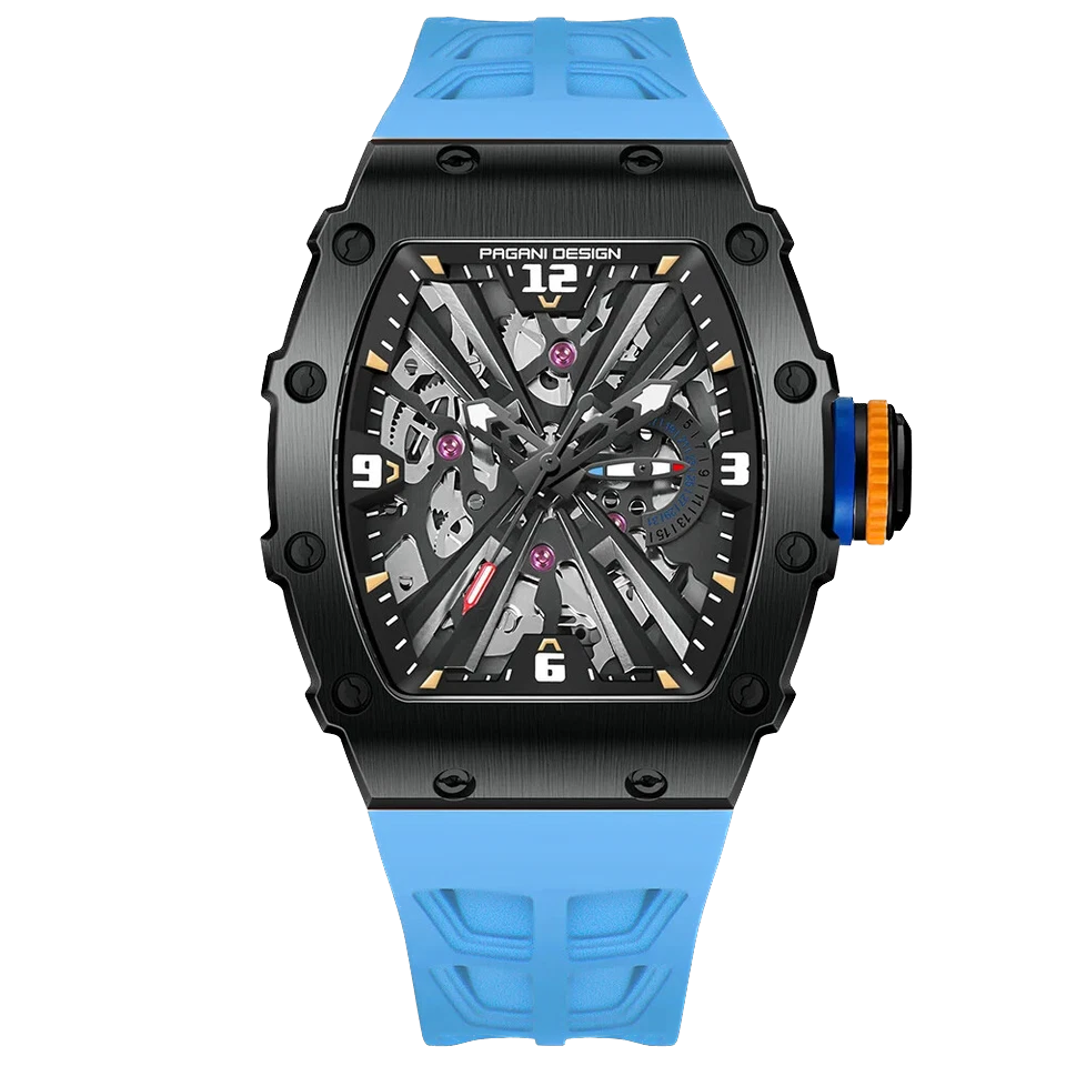 Front view of Pagani Design PD-1738 skeleton quartz watch with a black case, skeletonized dial, and blue rubber strap, featuring exposed movement and skeleton design on a transparent background.