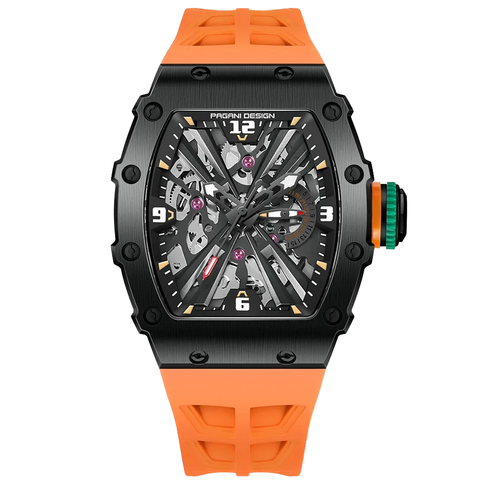 Front view of Pagani Design PD-1738 skeleton dial watch with black case and orange rubber strap, showcasing the exposed movement, isolated on a transparent background.