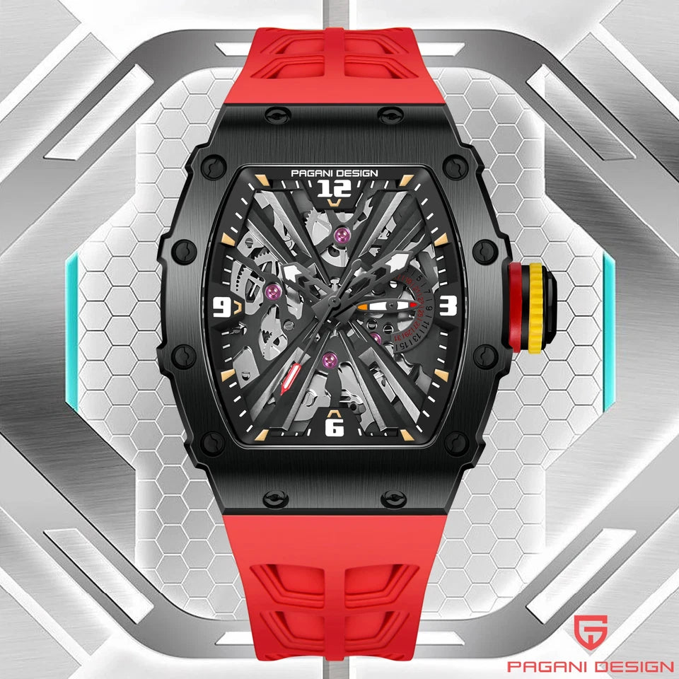 Pagani Design PD-1738 skeleton dial watch with black case and red rubber strap displayed against a geometric background with Pagani Design logo.