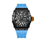 PAGANI DESIGN PD-1738 skeleton MILLE men's watch with black case and blue rubber strap, front