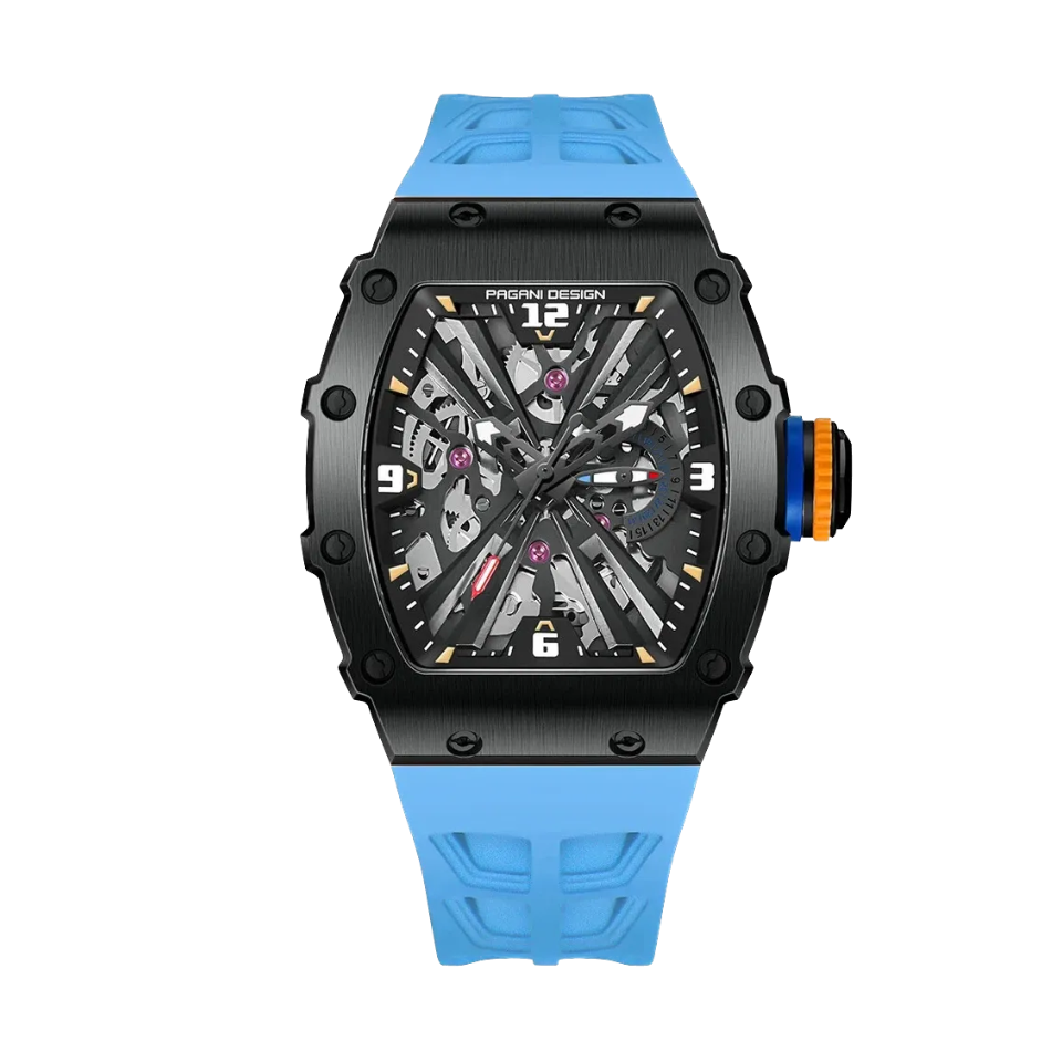 PAGANI DESIGN PD-1738 skeleton MILLE men's watch with black case and blue rubber strap, front