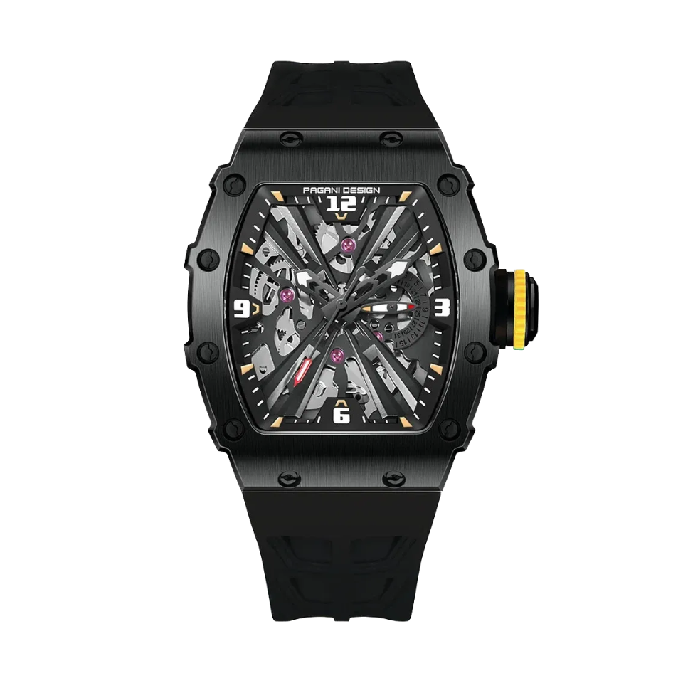 PAGANI DESIGN PD-1738 skeleton MILLE men's watch with matte black case and black rubber strap