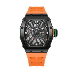 PAGANI DESIGN PD-1738 skeleton MILLE men's watch with black case and orange rubber strap, front