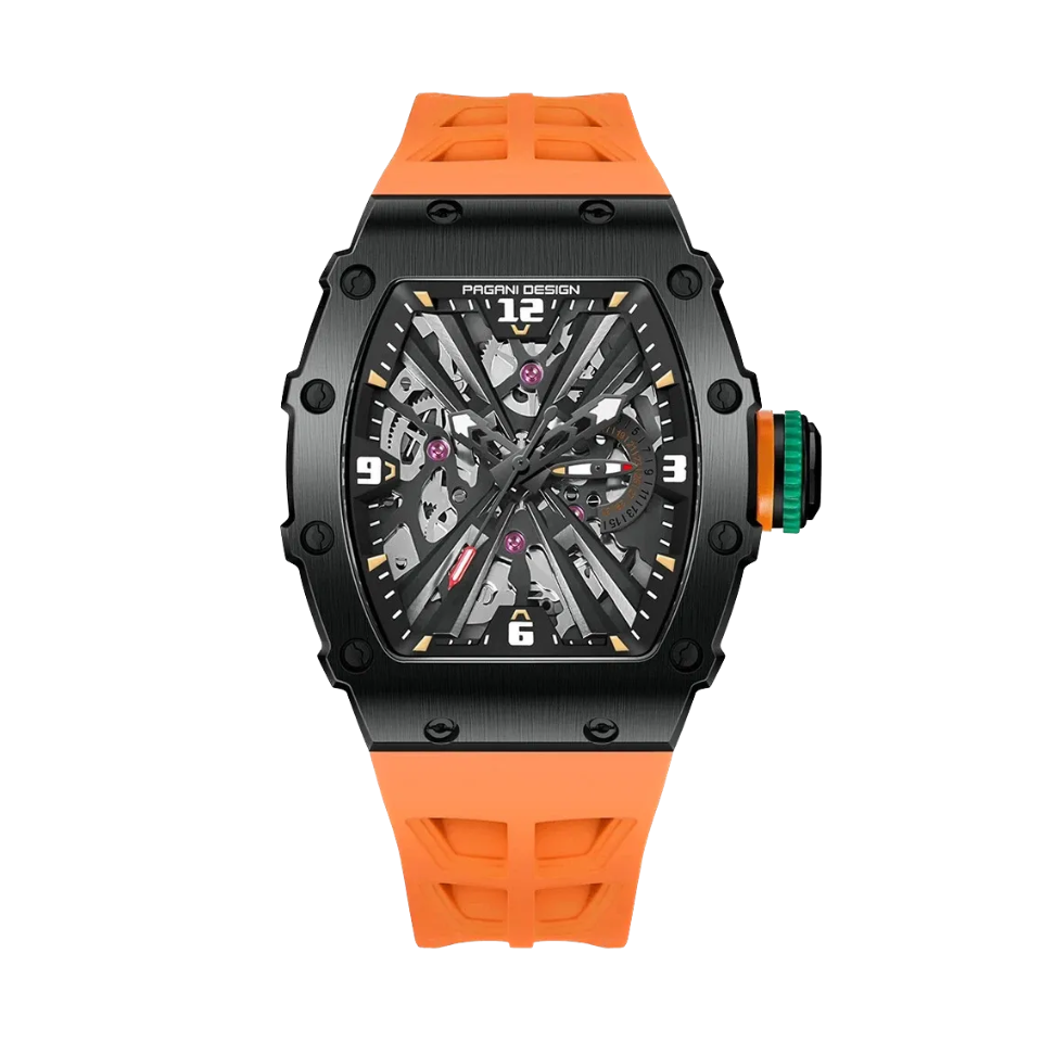 PAGANI DESIGN PD-1738 skeleton MILLE men's watch with black case and orange rubber strap, front