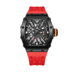 PAGANI DESIGN PD-1738 skeleton MILLE men's watch with black case and red rubber strap, front view