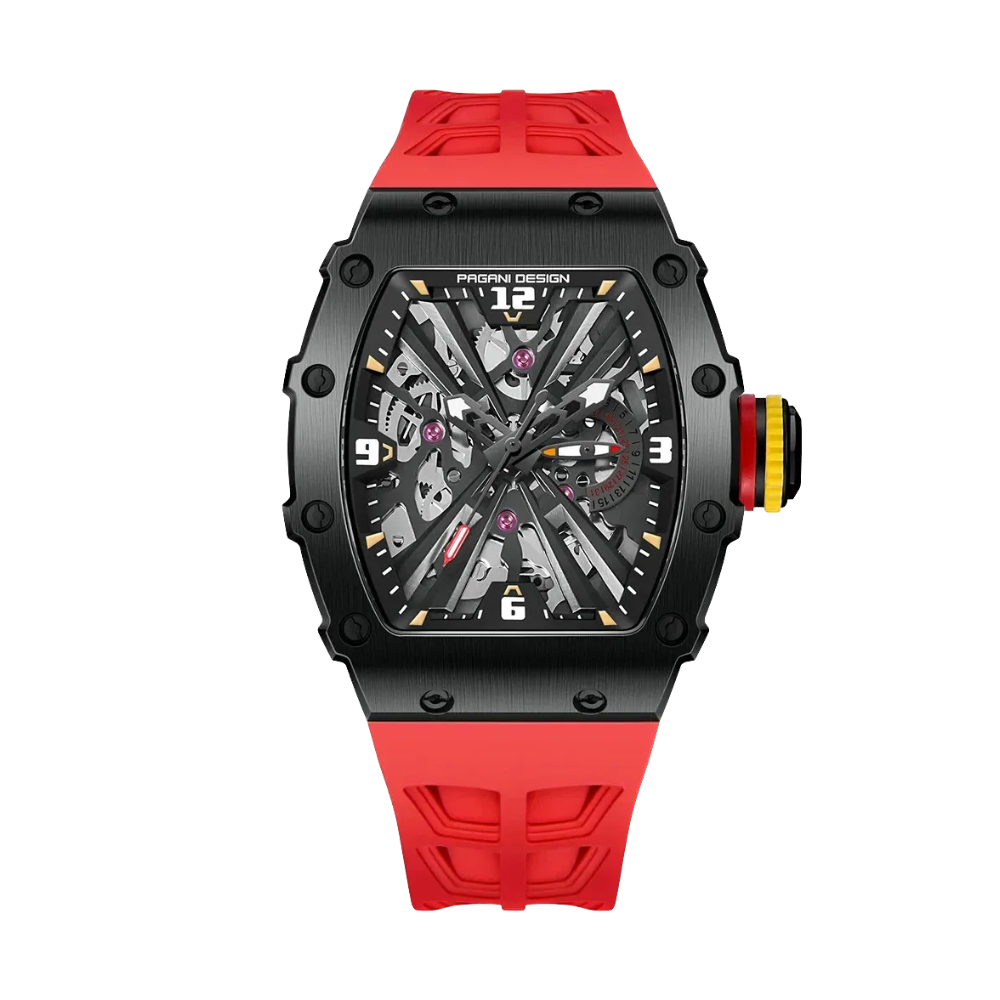 PAGANI DESIGN PD-1738 skeleton MILLE men's watch with black case and red rubber strap, front view