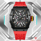 PAGANI DESIGN PD-1738 skeleton MILLE men's watch detail with red rubber strap and skeleton dial