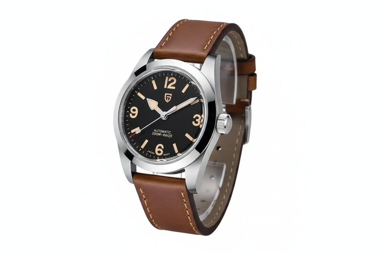 PAGANI DESIGN PD-1751 36mm men's watch with black dial and brown leather strap, side angle