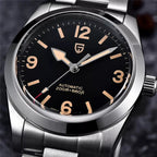 PAGANI DESIGN PD-1751 36mm men's watch dial detail with black dial and silver bracelet
