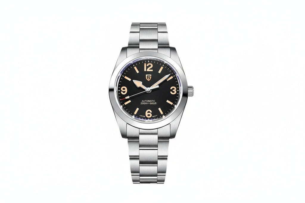PAGANI DESIGN PD-1751 36mm men's watch with black dial and silver bracelet, front view
