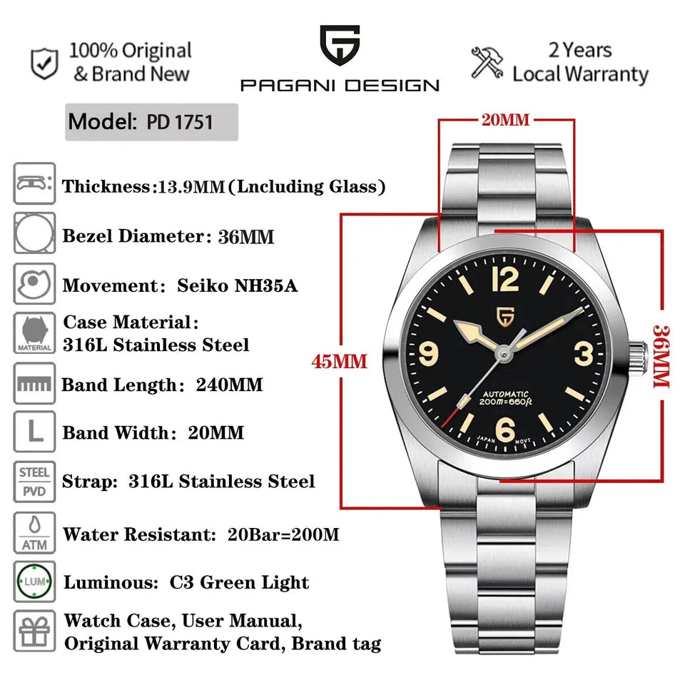 PAGANI DESIGN PD-1751 36mm men's watch specifications with case and movement details