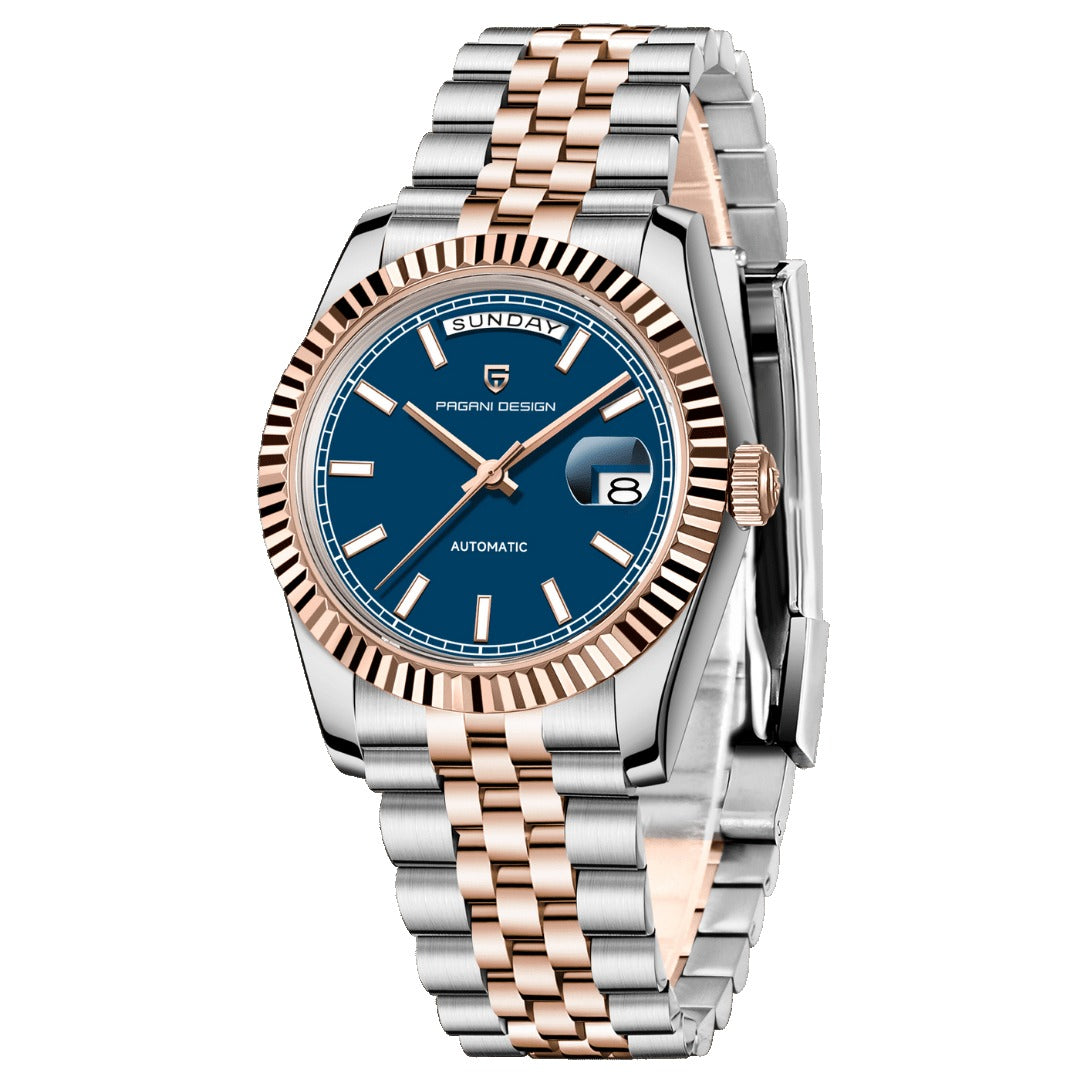 Pagani Design PD-1752 blue dial two-tone steel and rose gold day-date automatic watch