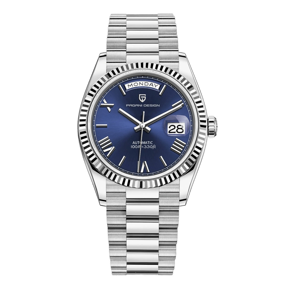Pagani Design PD-1752 blue dial 36mm day-date with fluted steel bezel and steel bracelet