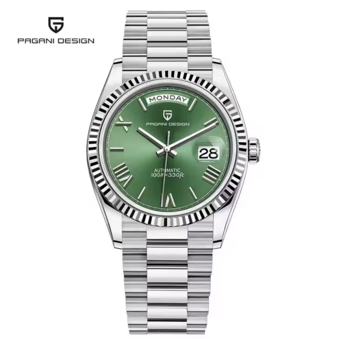 Pagani Design PD-1752 automatic watch silver green dial front view