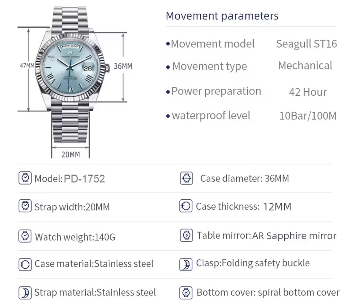 Pagani Design PD-1752 automatic watch silver iceblue dial specifications
