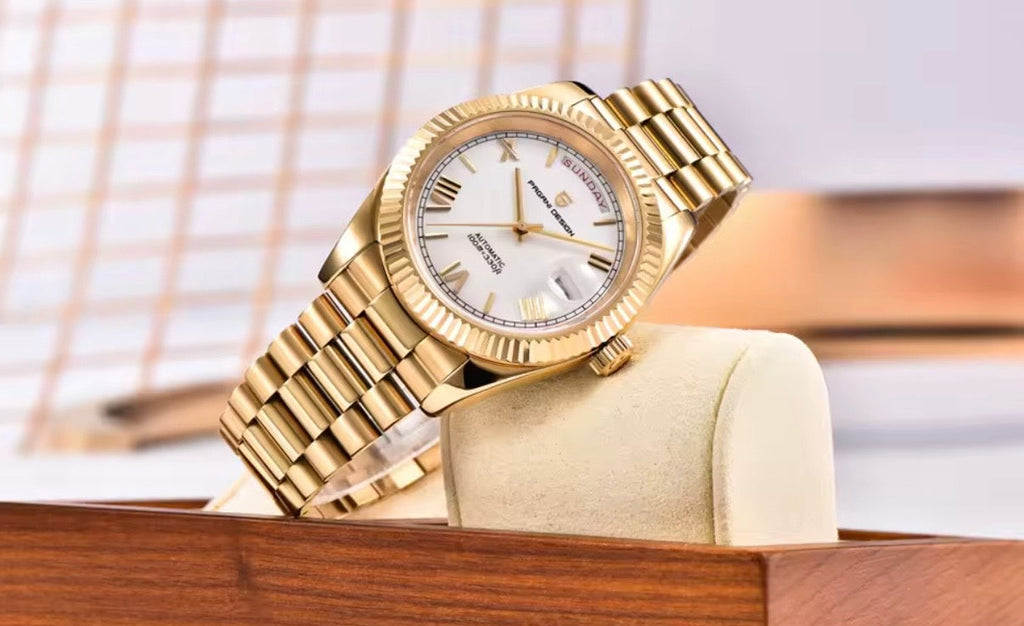 Pagani Design PD-1752 automatic watch gold white dial lifestyle shot