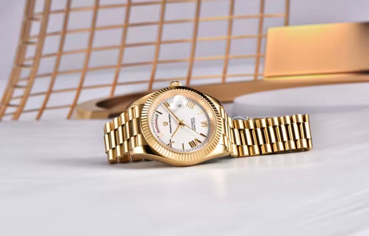 Pagani Design PD-1752 automatic watch gold white dial lifestyle shot