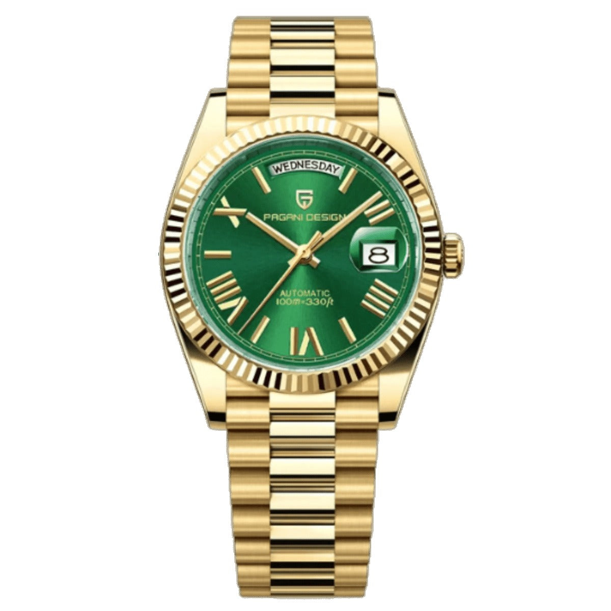 Pagani Design PD-1752 green dial full gold day-date automatic with fluted gold bezel