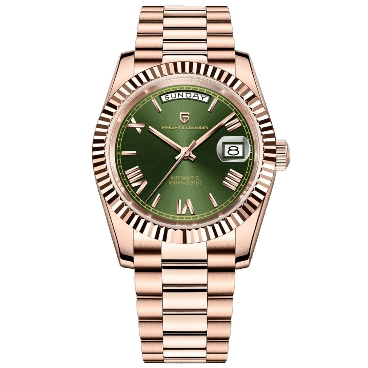 Pagani Design PD-1752 green dial rose gold day-date with fluted bezel and Roman numerals