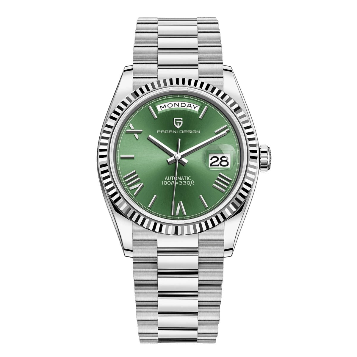 Pagani Design PD-1752 green dial day-date automatic in stainless steel with fluted bezel