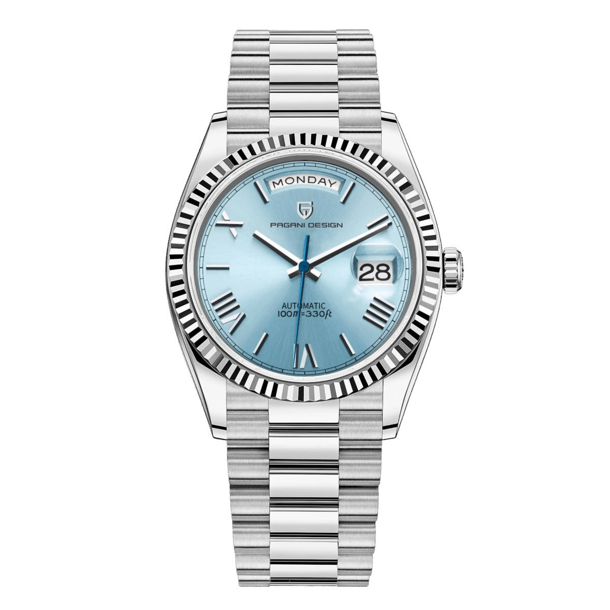Pagani Design PD-1752 ice blue dial day-date automatic, steel case and president bracelet