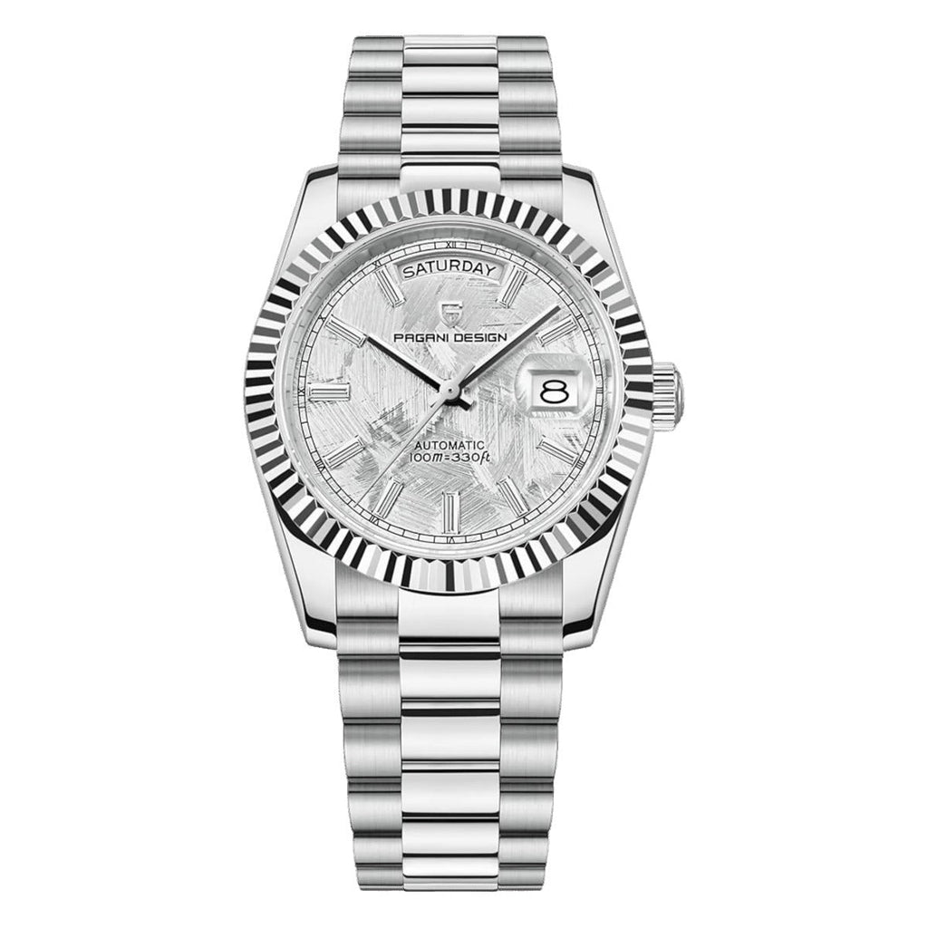 Pagani Design PD-1752 silver meteorite-look dial day-date in stainless steel, 36mm