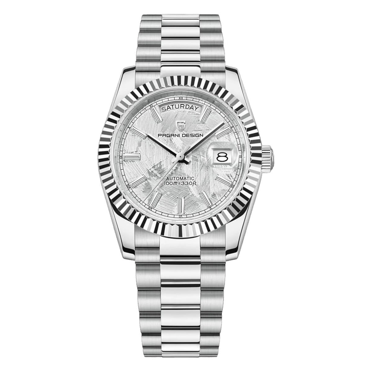Pagani Design PD-1752 silver meteorite-look dial day-date in stainless steel, 36mm