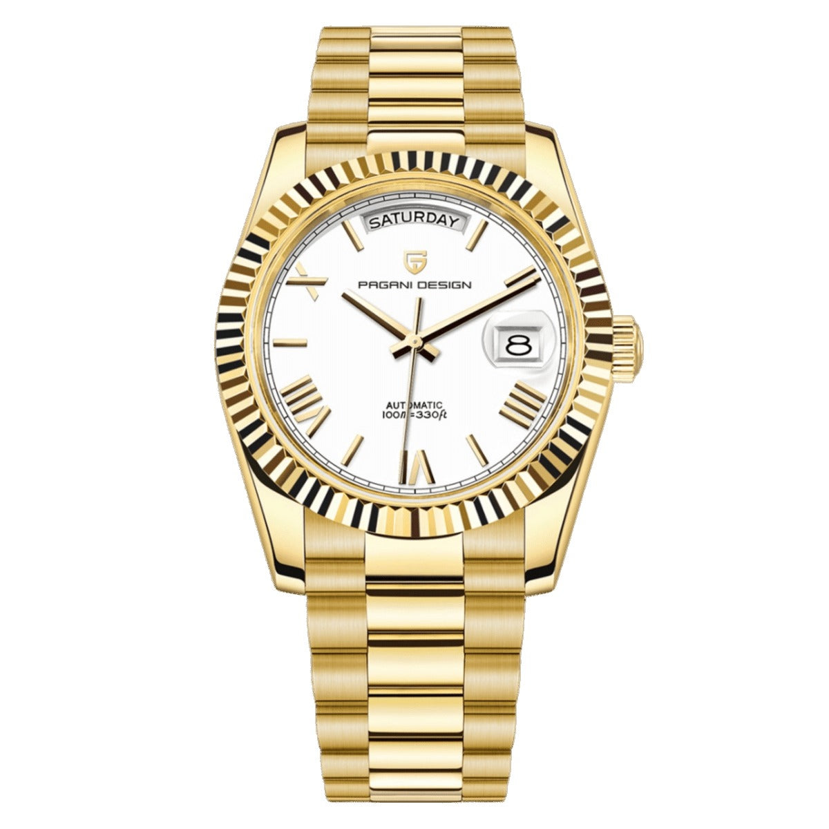 Pagani Design PD-1752 white dial gold day-date automatic with Roman numeral markers