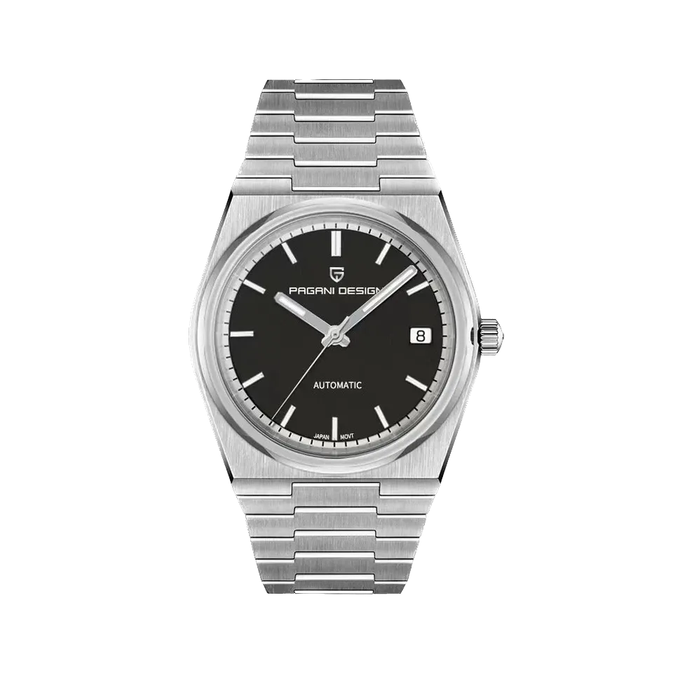 PAGANI DESIGN PD-1753 40mm automatic men's watch with black dial and silver bracelet, front