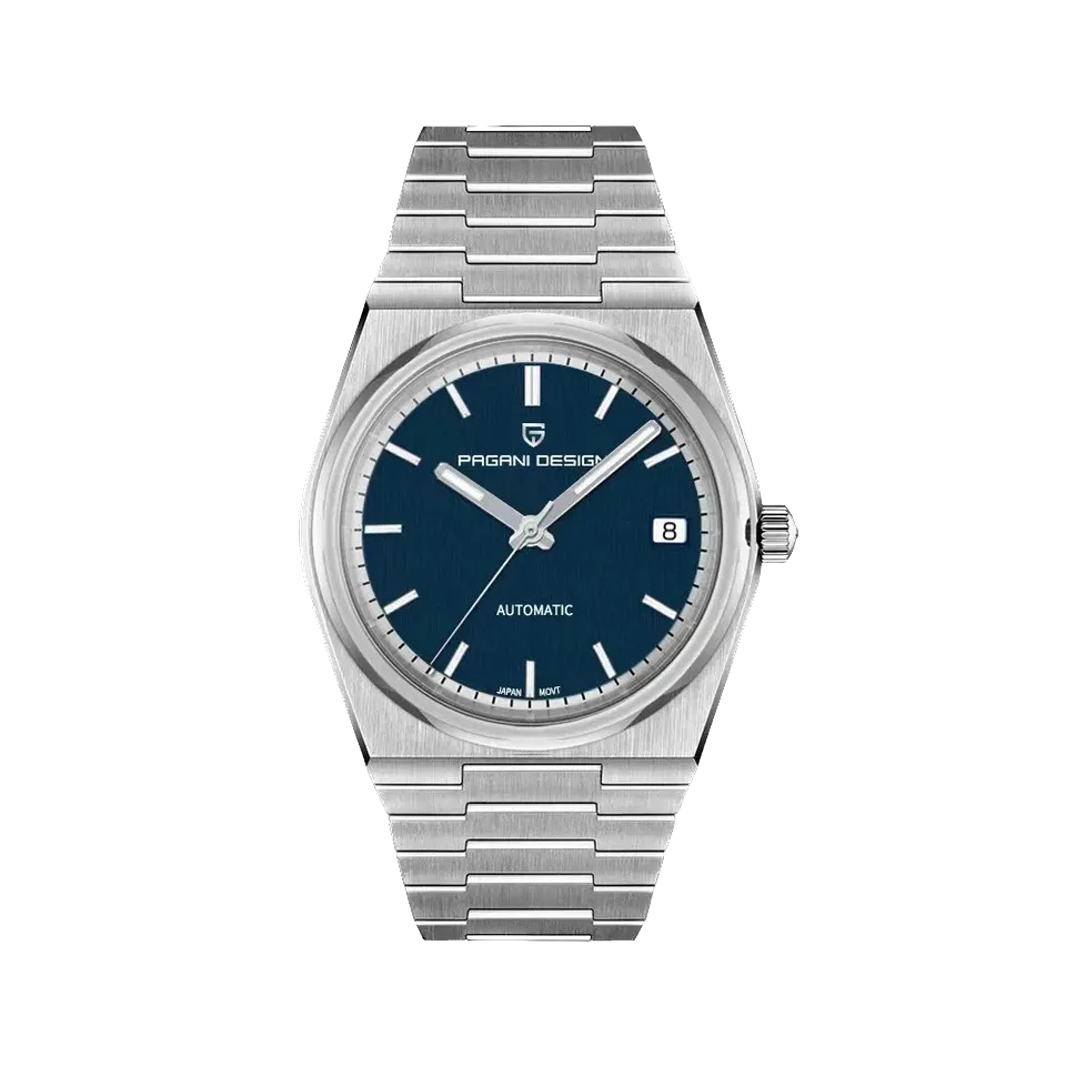 PAGANI DESIGN PD-1753 40mm automatic men's watch with blue dial and silver bracelet, front