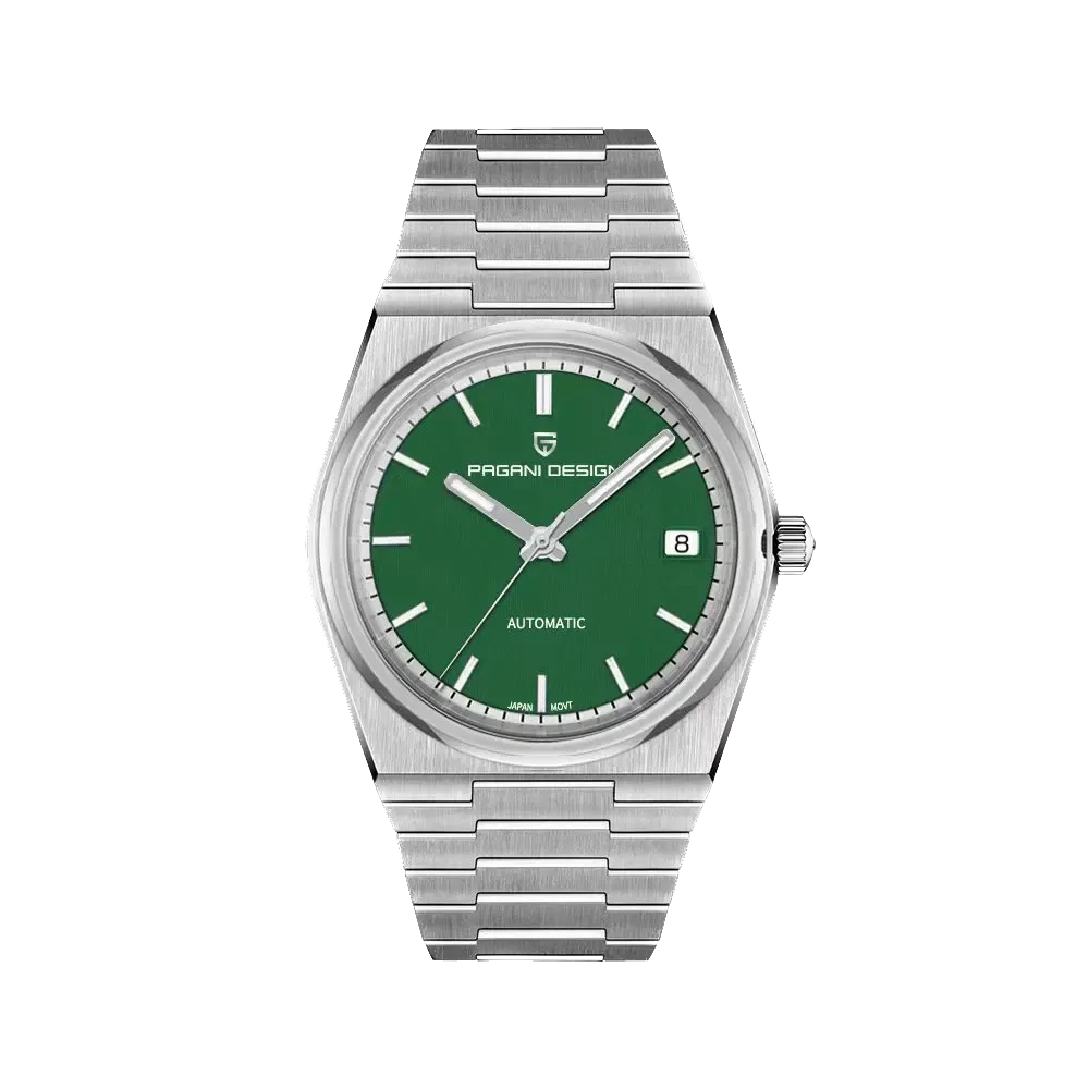 PAGANI DESIGN PD-1753 40mm automatic men's watch with green dial and silver bracelet, front