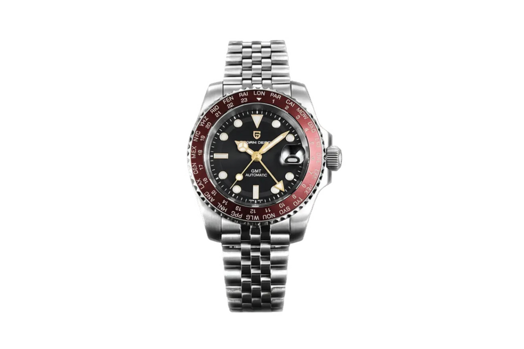 PAGANI DESIGN PD-1758 GMT automatic men's watch with black dial and red GMT bezel, front view