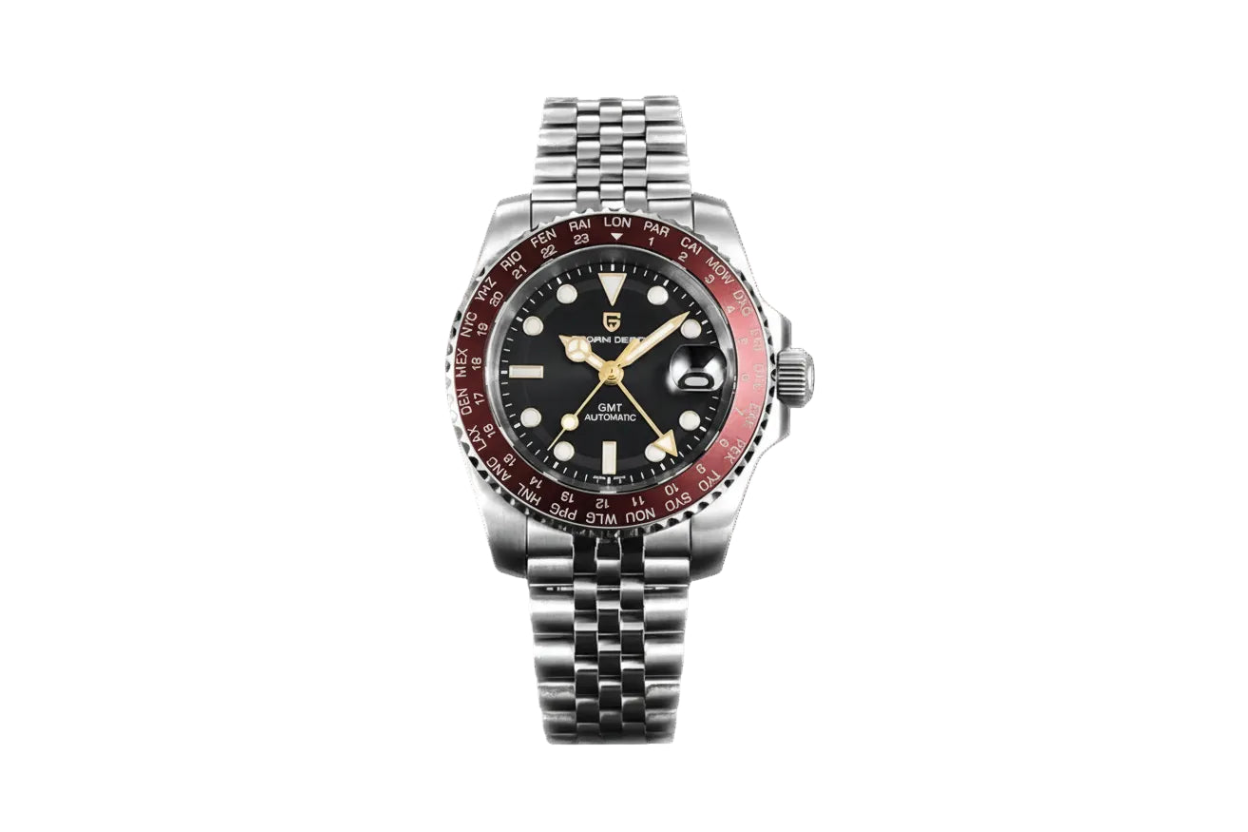PAGANI DESIGN PD-1758 GMT automatic men's watch with black dial and red GMT bezel, front view